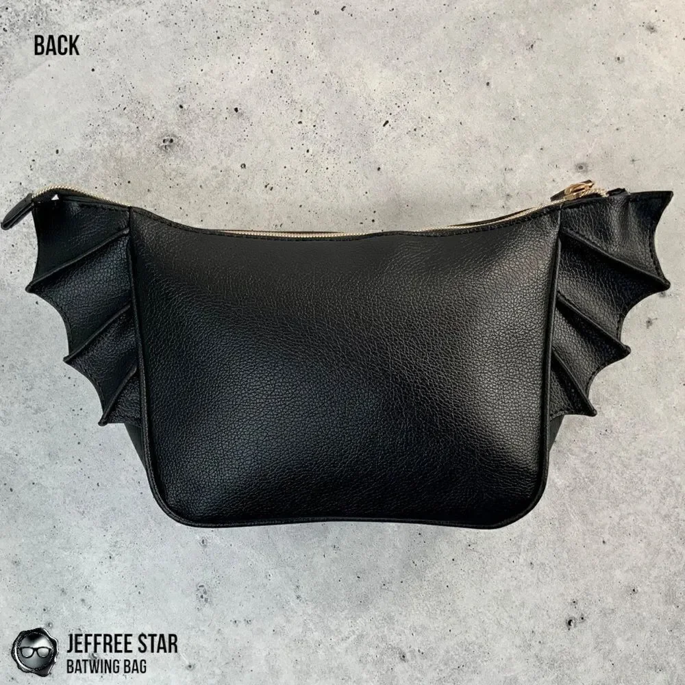 JEFFREE STAR BAT PURSE ZIPPER MAKEUP COSMETIC BAG IN BLACK VEGAN LEATHER BATWING